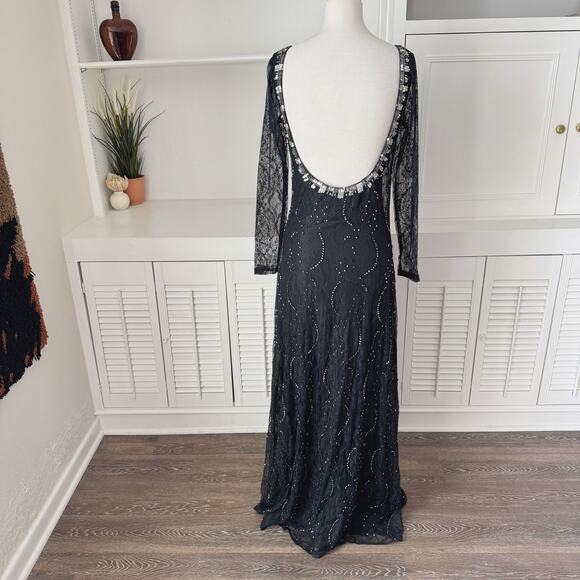 Free People Embellished Beaded Black Lace Long Sleeve Low Back Maxi Dress Size 6 - Picture 5 of 9